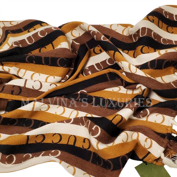 GUCCI SCARF 634166 LOGO STRIPED WOOL COTTON w FRINGE UNISEX 14.5" x 71" - Picture 7 of 16